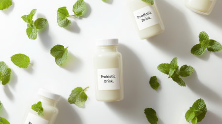 Artfully arranged probiotic drink bottles on a white surface, interspersed with vibrant mint leaves, create a visually appealing composition promoting wellnessの素材