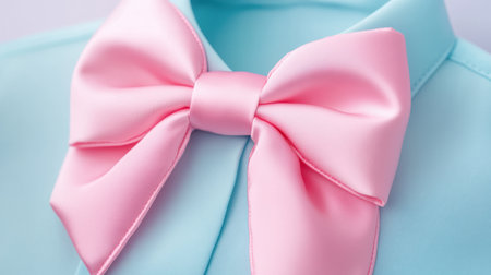 Large, meticulously tied pink bow takes center stage on a light blue blouse, embodying a delicate and charming aesthetic that captures the essence of girlhood fashionの素材