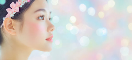 Profile of a beautiful young asian woman with pink makeup and a delicate hair ornament, gazing serenely at a soft pastel bokeh background, radiating dreamy tranquilityの素材