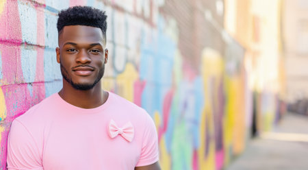Portrait of a fashionable young african american man wearing a pink t-shirt with a bow tie, leaning against a vibrant graffiti wall, exuding confidence and styleの素材