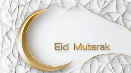 A minimalistic design features a gold crescent moon and the greeting Eid Mubarak in a slim, futuristic font. The pure white background enhances its elegance for Eid al-Fitr celebrations.の写真素材