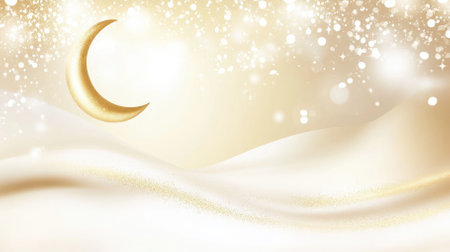 Soft gradient background in ivory and champagne gold creates a serene atmosphere. An elegant crescent moon adds sophistication, with glowing particles enhancing the festive look.の写真素材
