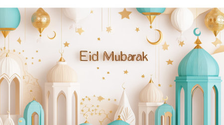 Experience a vibrant Eid celebration with a beautifully crafted banner showcasing elegant mosque domes and lanterns in soft pastels. The calligraphy reads Eid Mubarak.の写真素材