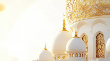 Intricate golden designs adorn the dome of a mosque, showcasing stunning craftsmanship. Soft shadows create depth against a white-to-gold gradient background, perfect for Eid celebration.の写真素材