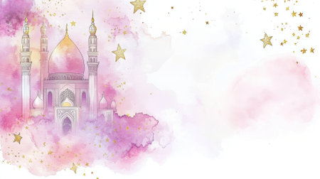 Delicate illustration combines soft pink, lavender, and gold tones for a dreamy Eid greeting. A mosque silhouette and golden stars enhance the artistic charm of the design.の写真素材