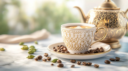 Artisan coffee cup adorned with golden Arabic patterns sits next to an elegant brass dallah, with scattered coffee beans and fresh cardamom pods creating a delightful composition.の写真素材