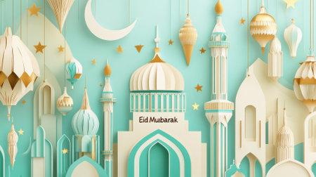 Layered paper textures create a unique Eid Mubarak banner showcasing elegant mosque domes and lanterns, adorned with stars and crescent moons in a festive atmosphere.の写真素材