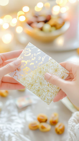 Hands share a beautifully decorated Eid money envelope, slightly open to reveal crisp banknotes. A festive table with sweets and lights creates a warm atmosphere of celebration.の写真素材