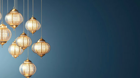 Delicate golden lanterns hang in a symmetrical arrangement, softly illuminating the lower area against a rich navy blue background, perfect for festive celebrations.の写真素材
