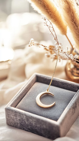 Delicate gold crescent moon pendant rests on a velvet box, highlighting upscale jewelry. Soft-focus luxury boutique backdrop enhances the elegant atmosphere.の写真素材