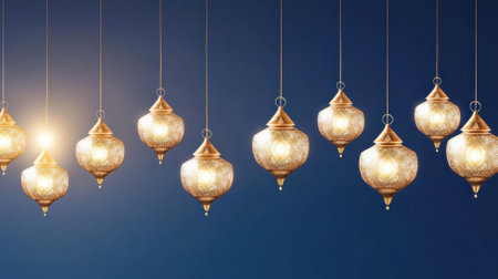 Golden lanterns hang in a symmetrical pattern, casting a warm glow in a serene setting. The deep navy background creates an elegant ambiance perfect for inviting festive touches.の写真素材