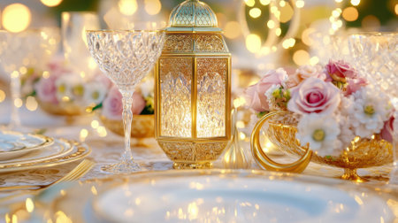 A stunning Eid dinner table features gold-rimmed plates, crystal glasses, and ornate silverware.の写真素材