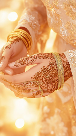 Intricate Arabic floral henna designs cover elegantly posed hands, showcasing delicate gold bangles that catch warm candlelight, creating an intimate atmosphere.の写真素材