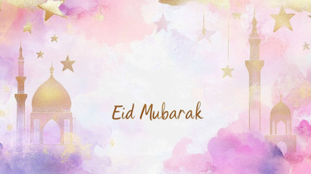 Soft pink and lavender hues blend in a dreamy background adorned with golden stars and a subtle mosque silhouette. Eid Mubarak is beautifully scripted, embodying a festive spirit.の写真素材
