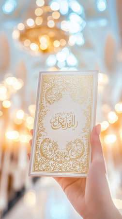 A hand gracefully holds a designer invitation card adorned with embossed gold Arabic calligraphy. The blurred background reveals a luxurious event space, hinting at a festive celebration.の写真素材