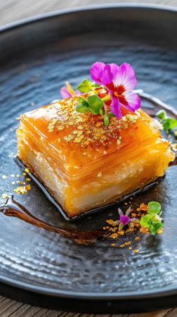 A stunning gourmet dessert is presented with rich layers, adorned with edible flowers and gold flakes, capturing the essence of Eid festivities, perfect for a special occasion.の写真素材
