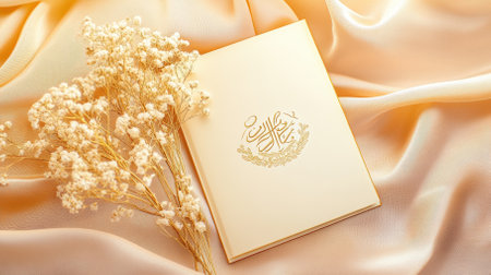 A beautifully designed Eid greeting card with embossed gold typography rests on high-end fabric, surrounded by delicate dried flowers, all illuminated by warm golden hour light.の写真素材