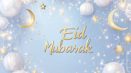 A magical Eid Mubarak illustration features a soft gradient background of deep blue and lavender, adorned with golden crescent moons and twinkling stars. The typography exudes elegance.の写真素材