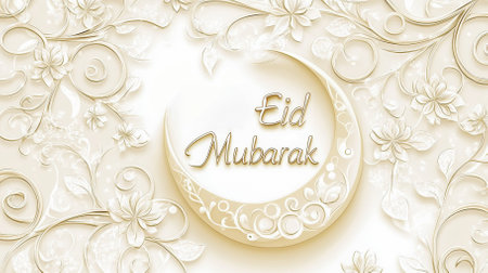 Soft cream background adorned with golden swirls and delicate floral vines creates an elegant backdrop for Eid Mubarak. The refined crescent moon enhances the festive spirit of the occasion.の写真素材