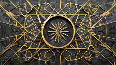 This luxurious Eid Mubarak greeting banner showcases a deep black background adorned with an intricate charcoal gray Islamic geometric pattern.の写真素材