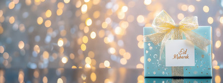 An elegantly wrapped gift box celebrates Eid with luxurious golden accents and an embossed Arabic inscription. Soft fairy lights create a dreamy backdrop while reflections enhance its beauty.の写真素材