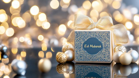 An elegantly wrapped Eid gift box features golden detailing and an embossed Eid Mubarak inscription. Soft fairy lights create a dreamy bokeh effect on a glossy surface.の素材