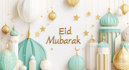 Eid celebration features a dynamic banner with elegant mosque domes and lanterns in pastel cream, gold, and teal. Hand-lettered Eid Mubarak text adorns the composition with celestial elements.の素材