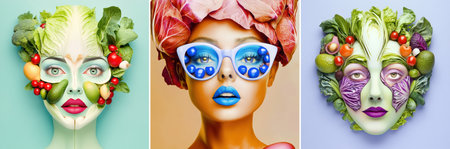 Three models are wearing creative makeup and hairstyle made of fresh vegetables, promoting a healthy lifestyle and the benefits of a balanced diet rich in vitamins and nutrientsの素材