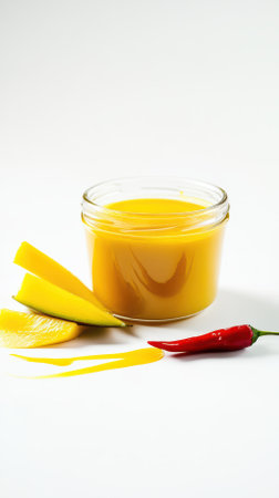 Rustic glass jar containing homemade mango chutney, highlighting ripe fruit slices and chili, presenting sweet spicy condiment with vibrant tropical notesの写真素材