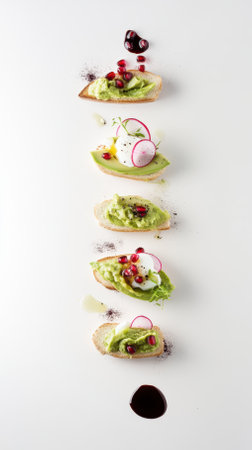 Slices of toasted bread topped with mashed avocado, garnished with pomegranate seeds, poached egg, radish slices, balsamic glaze, and spices, creating a visually appealing and healthy snack or mealの写真素材
