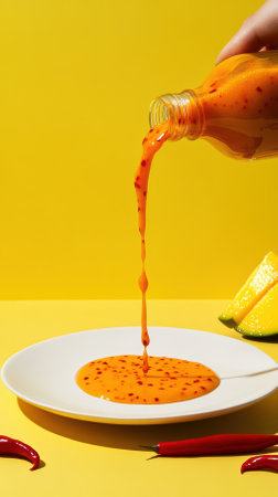 Vibrant orange sauce with chili flakes pours from a bottle onto a white plate, set against a bright yellow background. Red chili peppers and mango slices add a tropical touchの素材