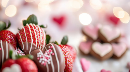 Delicious chocolate covered strawberries and heart shaped cookies create a sweet, romantic ambiance, perfect for celebrating valentine's day with loved ones, enhanced by a bokeh backgroundの素材