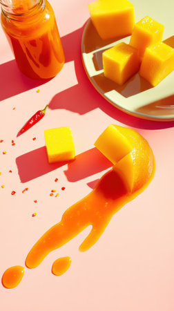 Mango cubes are arranged on a plate, with a bottle of spicy sauce and a chili pepper on a vibrant pink background, creating a visually appealing composition with the sauce dripping onto the surfaceの素材