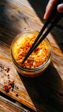 Sunlight illuminates a glass jar of vibrant kimchi, with chopsticks poised to lift a portion of the fermented cabbage, showcasing the spicy and tangy korean staple on a rustic wooden surfaceの素材