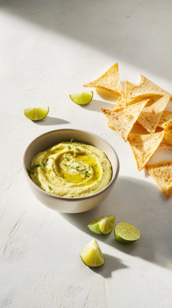 Smooth hummus garnished with herbs, served in a bowl alongside crispy tortilla chips and fresh lime wedges on a light textured surface, creating a vibrant and appetizing arrangementの素材