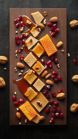 Elegant arrangement of cheese cubes and honeycomb on a wooden board, garnished with pomegranate seeds, walnuts, and almonds. Perfect for a sophisticated culinary presentationの素材