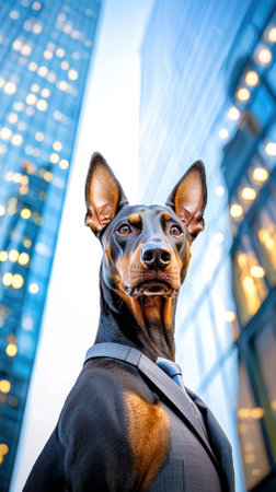 A Doberman Pinscher dressed in a fitted business suit stands with poise against a glass skyscraper, reflecting city lights at twilight, exuding confidence and professionalism.の素材