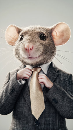 An anthropomorphic mouse in a charcoal suit adjusts his silk tie while gazing confidently at the camera. The cinematic lighting enhances the premium quality suitable for business settings.の素材