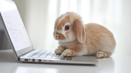 Fluffy rabbit explores a laptop keyboard in a well-lit space, highlighting the playful and charming nature of sweet cute pets in everyday lifeの素材