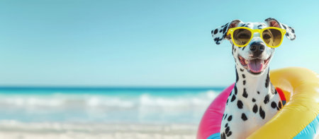 A cheerful Dalmatian dog in sunglasses and a vibrant floatie enjoys a sunny beach day, surrounded by ocean waves, capturing the essence of summer funの素材