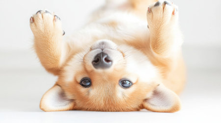 Playful puppy is lying on its back with paws raised, displaying its adorable features and cheerful demeanor, a true representation of funny petsの素材