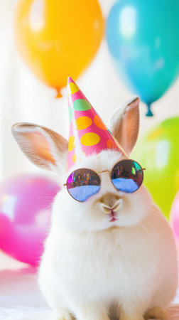 This charming rabbit, adorned with sunglasses and a party hat, is surrounded by vibrant balloons, creating a festive and joyful atmosphere for petsの素材