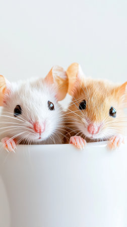 Charming small pets, a white mouse and an orange mouse, peek from a cup, highlighting their playful personalities and adorable features, cute animal conceptの素材