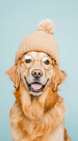 This charming golden retriever, adorned with glasses and a cozy hat, smiles joyfully against a soft blue backdrop, embodying a playful pet vibeの素材
