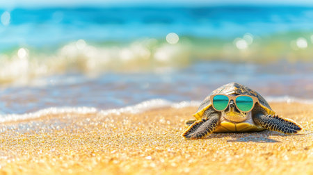 A playful turtle in sunglasses enjoys the beach, surrounded by gentle ocean waves, embodying a fun summer atmosphere and beach lifeの素材