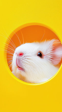 This charming white guinea pig is playfully peeking through a round opening in a vibrant yellow background, highlighting its adorable personality and cutenessの素材