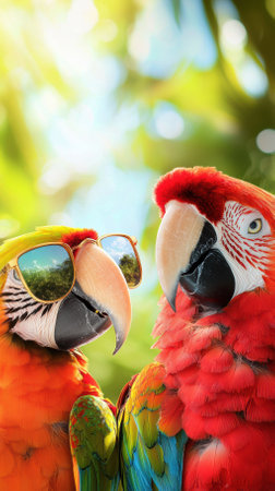 Two vibrant parrots with sunglasses are enjoying a sunny day in a tropical environment, highlighting their playful demeanor and colorful feathersの素材