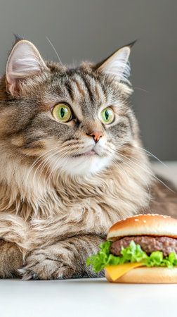Fluffy cat looks curiously at a tasty hamburger on the table, highlighting the playful nature of sweet cute pets and their charming personalitiesの素材