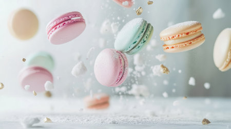 Pastel macarons float in mid-air, breaking apart to showcase their interiors. Crumbled shells and sugar dust hang in the air, while elegant branches add a sophisticated touch.の写真素材