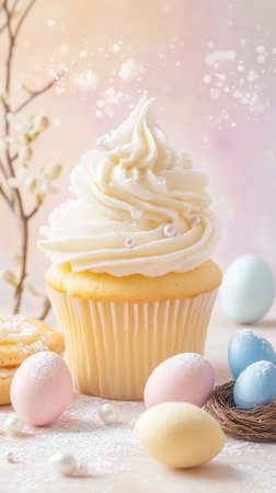 Fluffy vanilla cupcake topped with a cloud-like cream swirl sits alongside a pastel pink mirror glaze tart and a chocolate nest with blue eggs, all radiating spring charm.の写真素材
